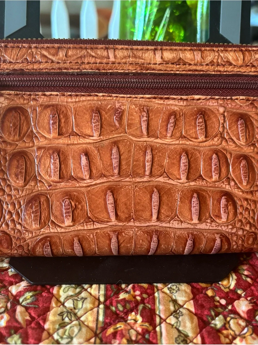 Vintage Brahmin Suri Leather Long Wallet Zip Around Cognac Brown Croc Embossed